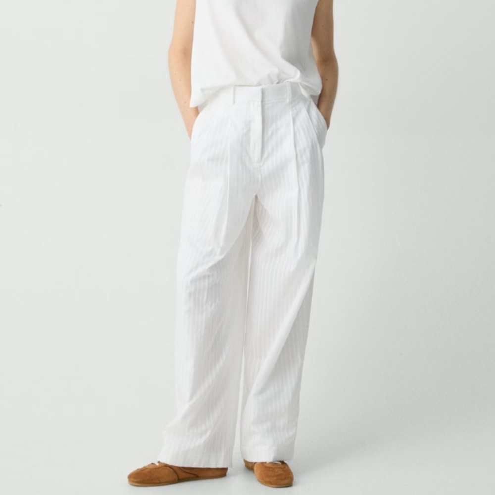Theory Double Pleated Pant White Linear Cotton Wide Leg Pant Size 10